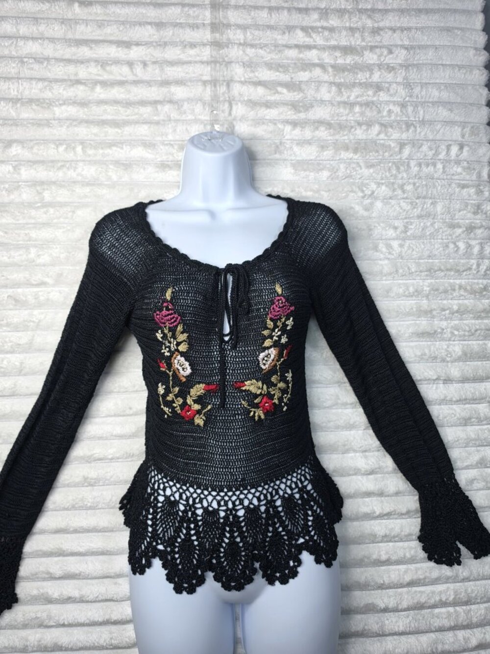 Newport News Black Crochet Embroidered Peplum Top Boho Y2K S